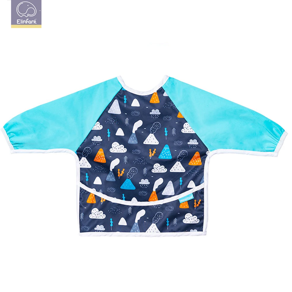 

Elinfant new fashion eating aprons PUL cartoon custom waterproof child long sleeve bibs with pocket for toddlers nursing cover
