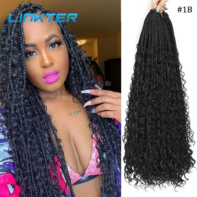 

Synthetic Hair Extensions Crochet Braids Messy Goddess Bohemian Box Braids With Curly Ends, Natural color
