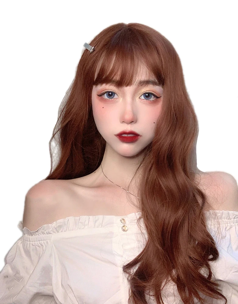 

Curly Long Hair Bangs Tangerine Brown 24 INCH Lolita Harajuku Princess Sweet High Temperature Silk Cosplay Party COS Wig, Pic showed