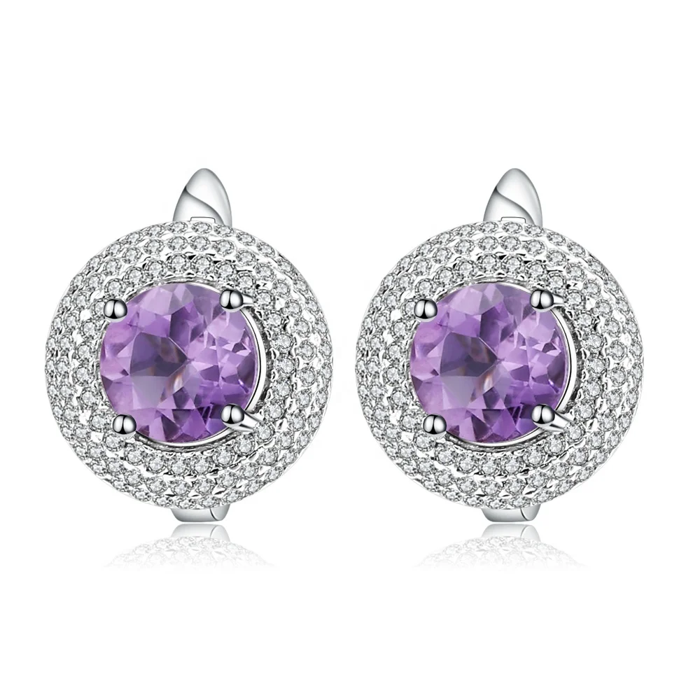 

Abiding Round White Cz Natural Amethyst Gemstone 925 Sterling Silver Korean Charm Earrings Jewelry For Women Girls, Purple