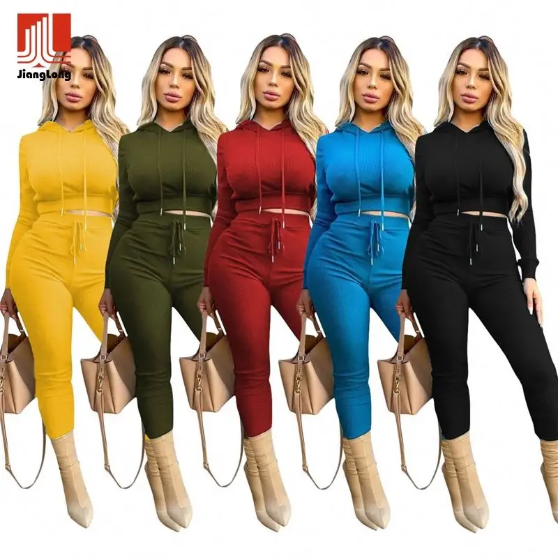

2021 Fall Winter New Casual sweatpants and hoodie set women ribbed 2 Piece Set Women sweatsuit set tracksuit clothes