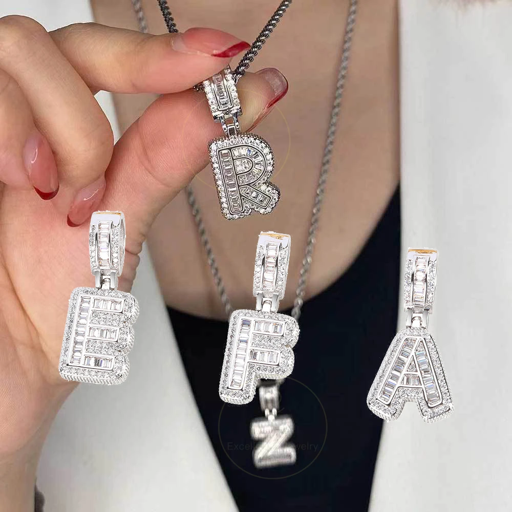 

Excellent Jewelry Hip Hop 18K Gold Plated Baguette Small Rock sugar zircon Iced Out Name Initial A-Z letter pendant necklace