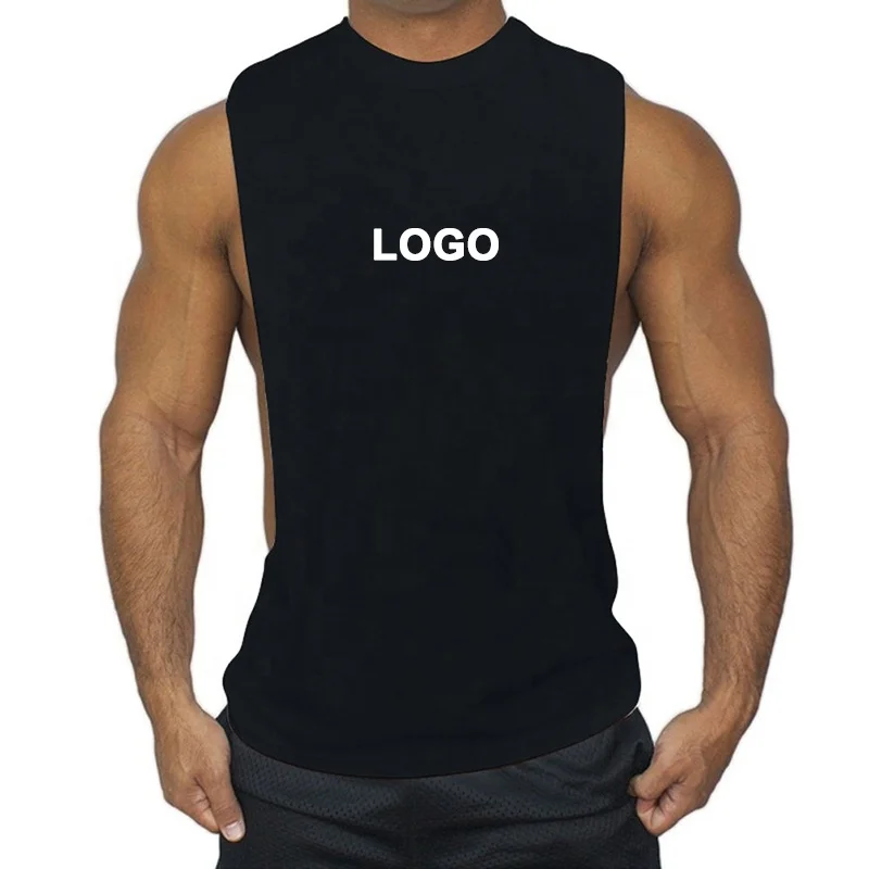 

Men gym sleeveless tshirt low cut cotton plus size black bodybuilding muscle shirts singlet workout men's fitness tank tops