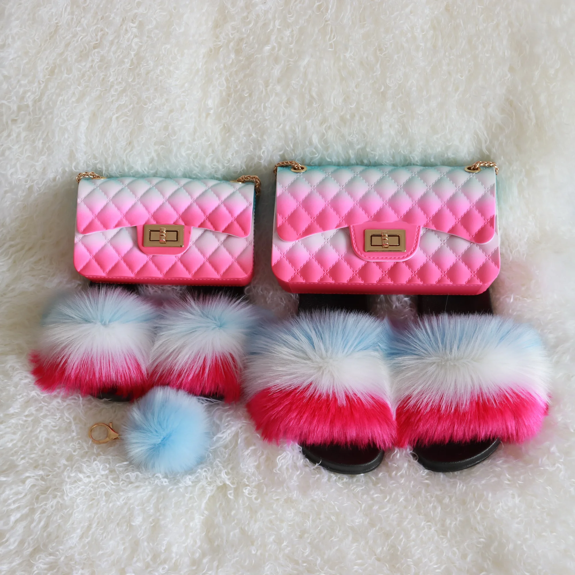 

Curlyfur mix color matching fluffy sandals slippers mommy and me fur slides and purse