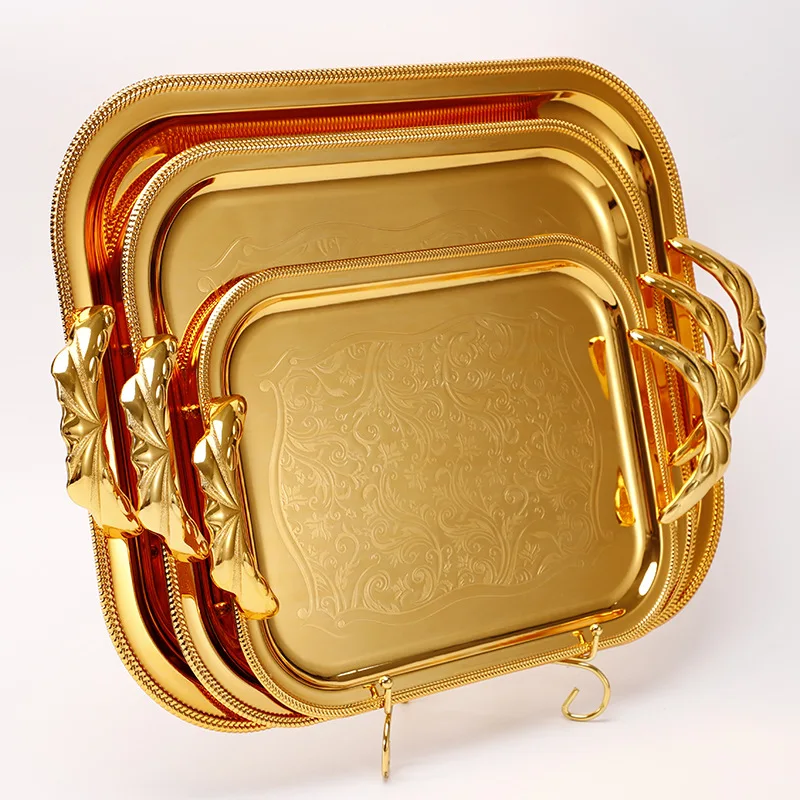 
Wholesale Nordic Style Gold Stainless Steel Metal Fruit Serving Tray With Alloy Handles 