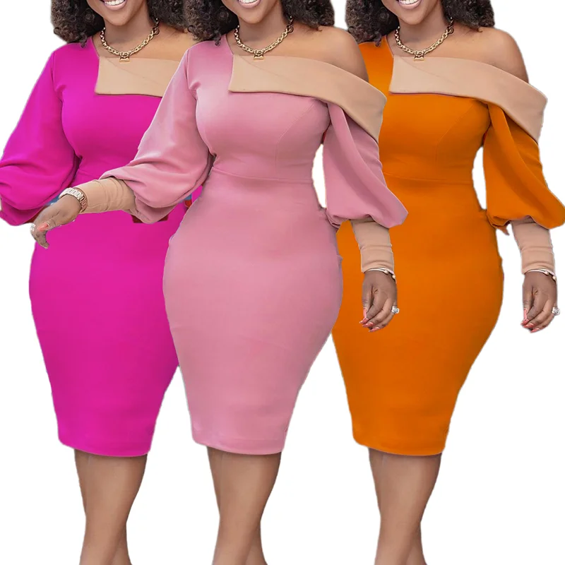 

D236 2022 Latest Plus Size Ladies Office Dress Color Blocking Off Shoulder Puff Sleeve Casual Dresses Slim Career Dresses