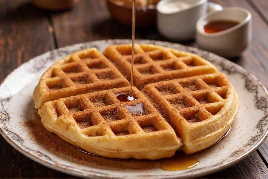 Perfectly golden cinnamon waffles with steam rising, coated in cinnamon sugar, served on a vintage plate with maple syrup drizzle