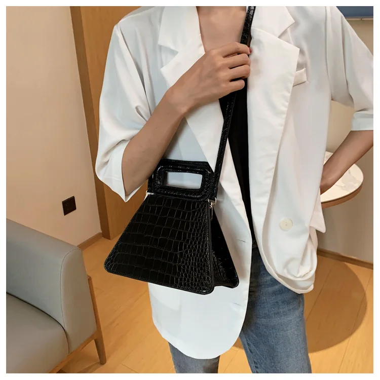 

New Summer vintage simple solid color crocodile print one-shoulder cross-body bag personality trapezoidal handbag, As the pics