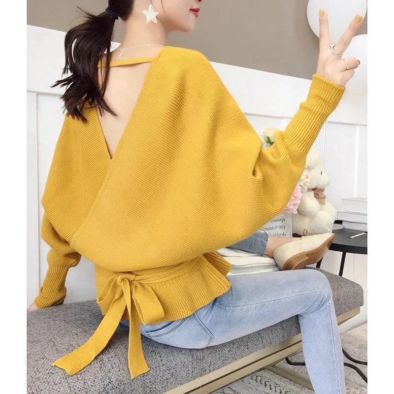 

2020 New Arrivals Korean loose Autumn/Winter long-sleeve plain knit thin ladies knitted sweater