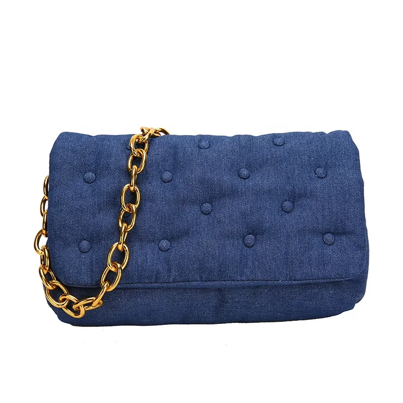 

Qulited Denim Solid Color Ladies Purses and Bags Thick Chain Large Capacity Trendy Canvas Handbags Women 2020