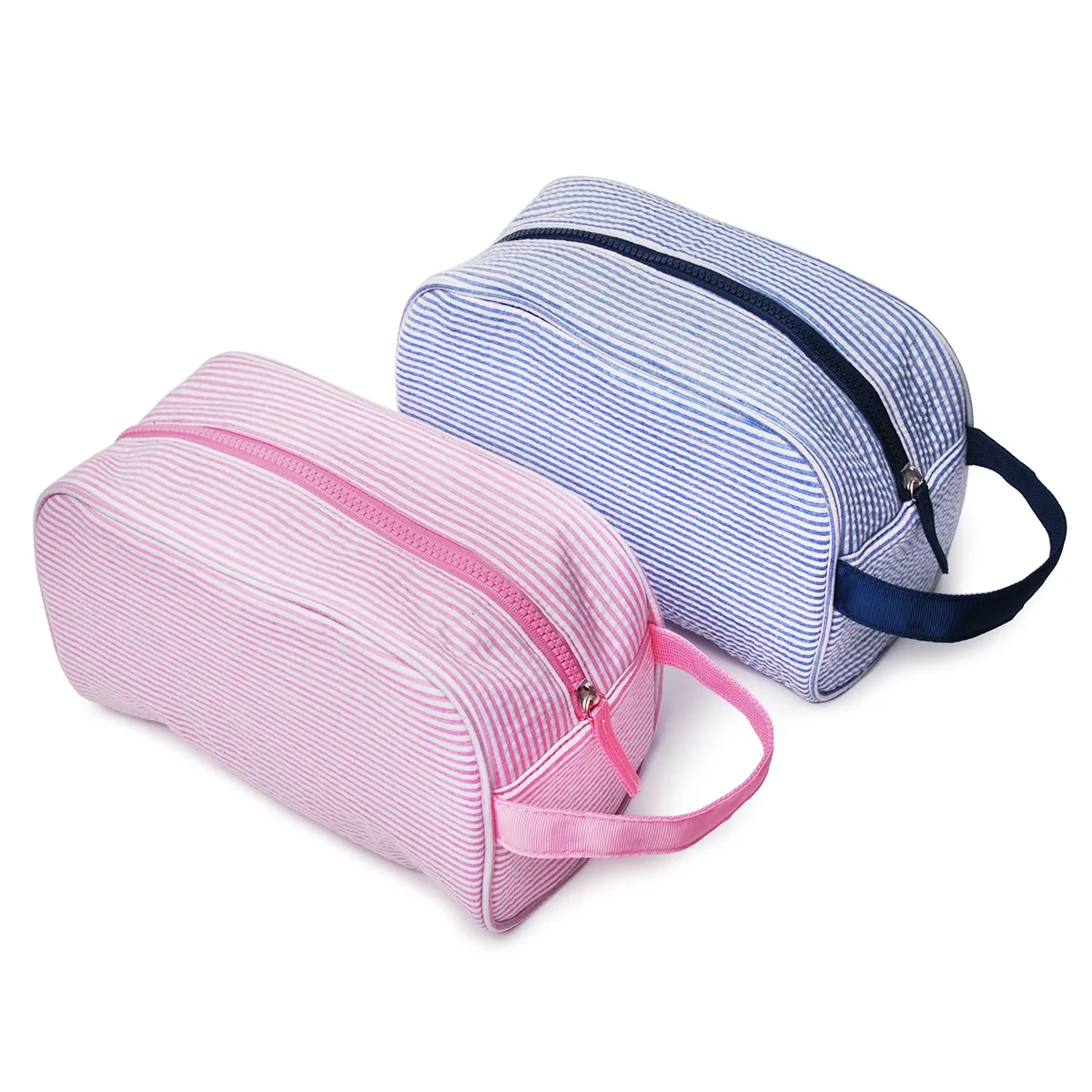 

DOMIL Wholesale Seersucker Cosmetic Bag Fashion Seersucker Makeup Pouch with Zipper Closure for Women DOM112-1518, Pink navy blue