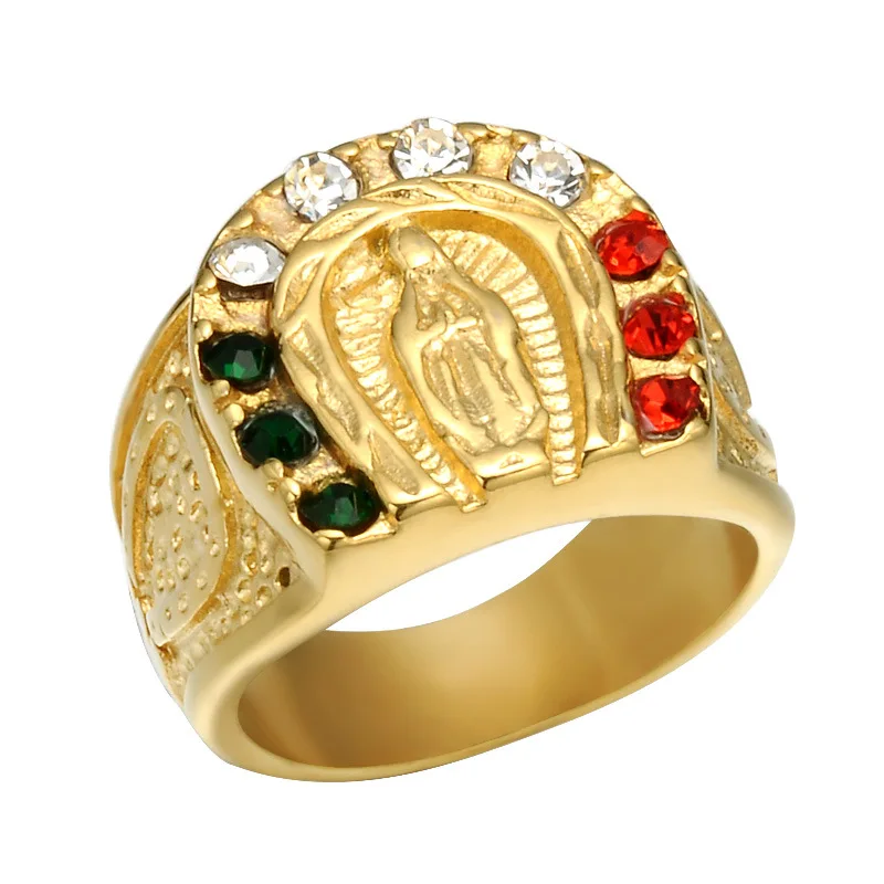 

2022 Men's Jewelry No Fading Stainless Steel Virgin Mary Band Ring Colorful Iced Out Cubic Zirconia CZ Virgin Mary Portrait Ring