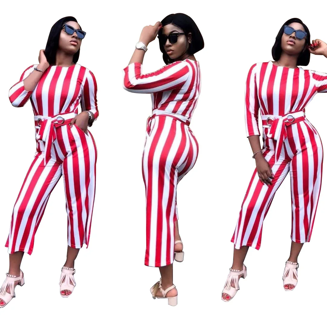 

Women Fashion Sexy Striped Tie Zipper Jumpsuit One Piece Jumpsuits
