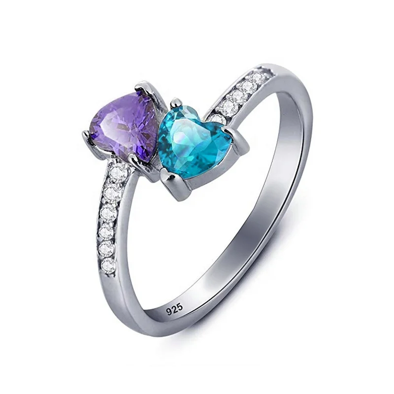 

Double Love Heart Rings for Women Purple Blue Crystal Engrave Silver Color Ring Dropshipping Supplier Jewelry