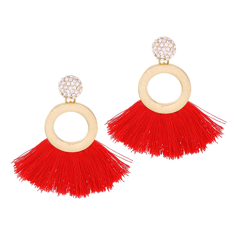 

ed01440b-1 Gold Plated Round Circle Fan Shaped Red Chunky Charm Jewelry Women Boho Crystal Ball Fringe Earrings Tassel