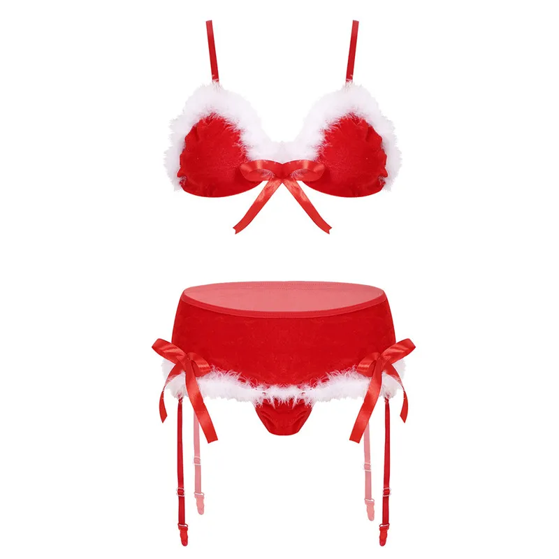 

iEFiEL Christmas Sexy Women Velvet Costume Lingerie Set Christmas Bra Top G-string Erotic Clothes, Shown