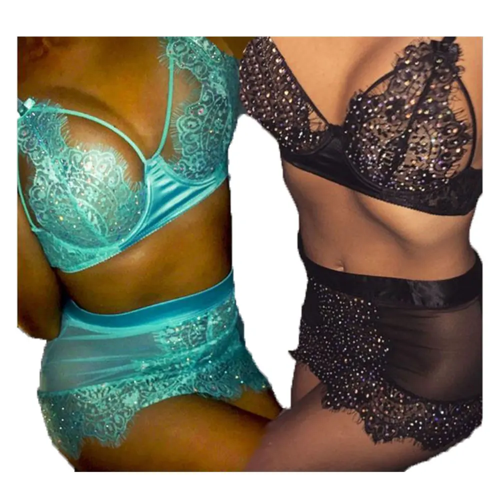 

Women Cosplay Underwear Lace See Through Rhinestone Lingerie Two Piece Set GAO, Shown