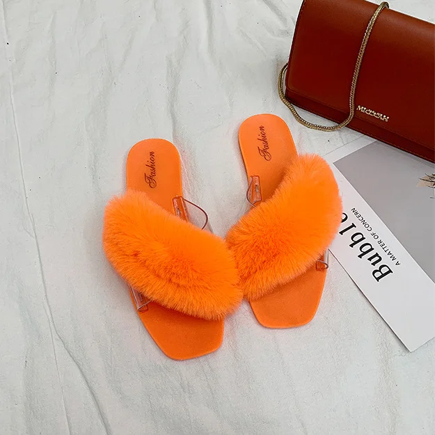 

Wholesale sapato fur slides transparent flat jelly clear plush ladies slides