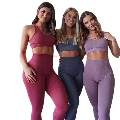 

Wholesale hot female hygroscopic sweat releasing seamless knitting 2 pieces yoga set