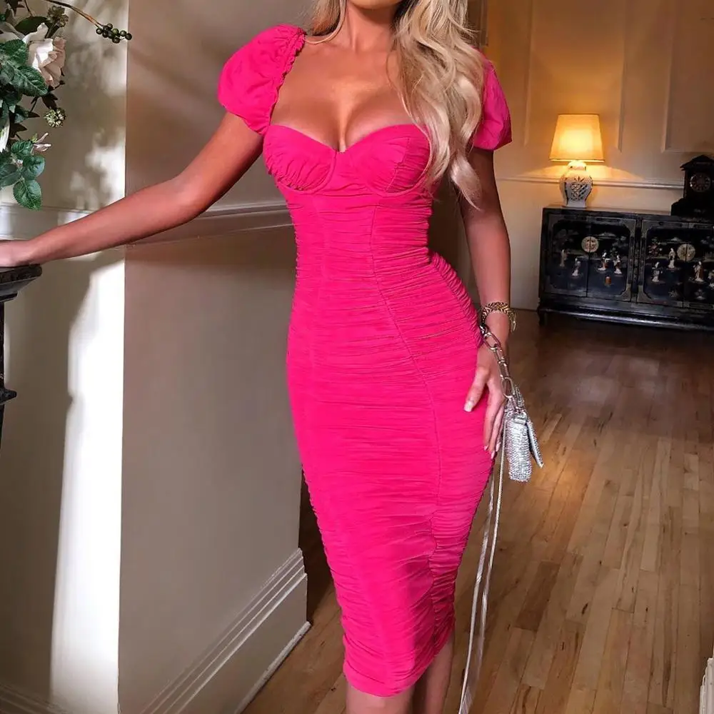 

KHT1722 Summer 2020 new women puff sleeve mesh pleated midi dresses