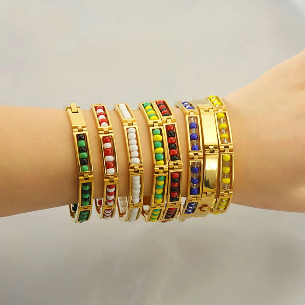 

2024 Wholesale New Design Waterproof Jewelry 18K Gold Plate Colorful Bead Stainless Steel Indian Charm Bracelet For Women Men