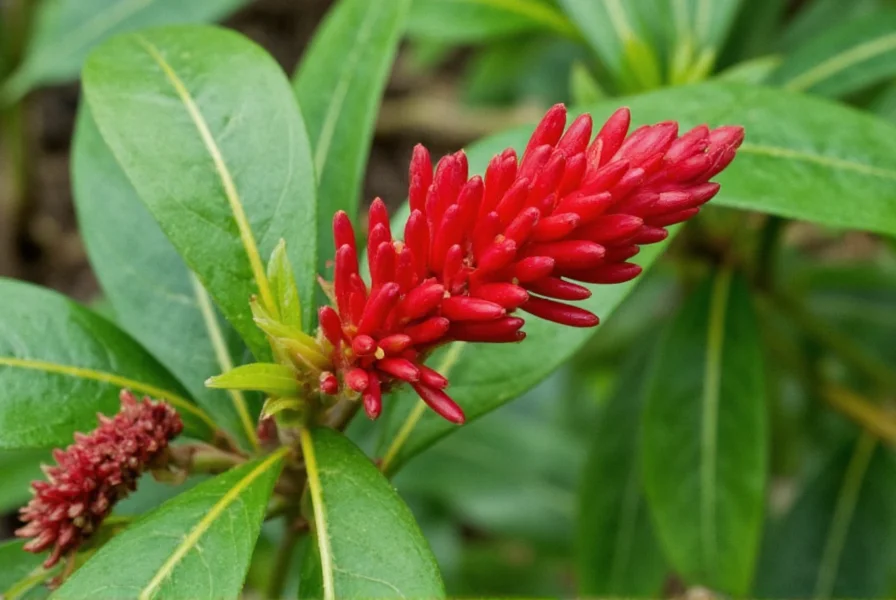 Close-up view of red ginger plant showing vibrant crimson bracts and emerging white flowers in tropical garden setting