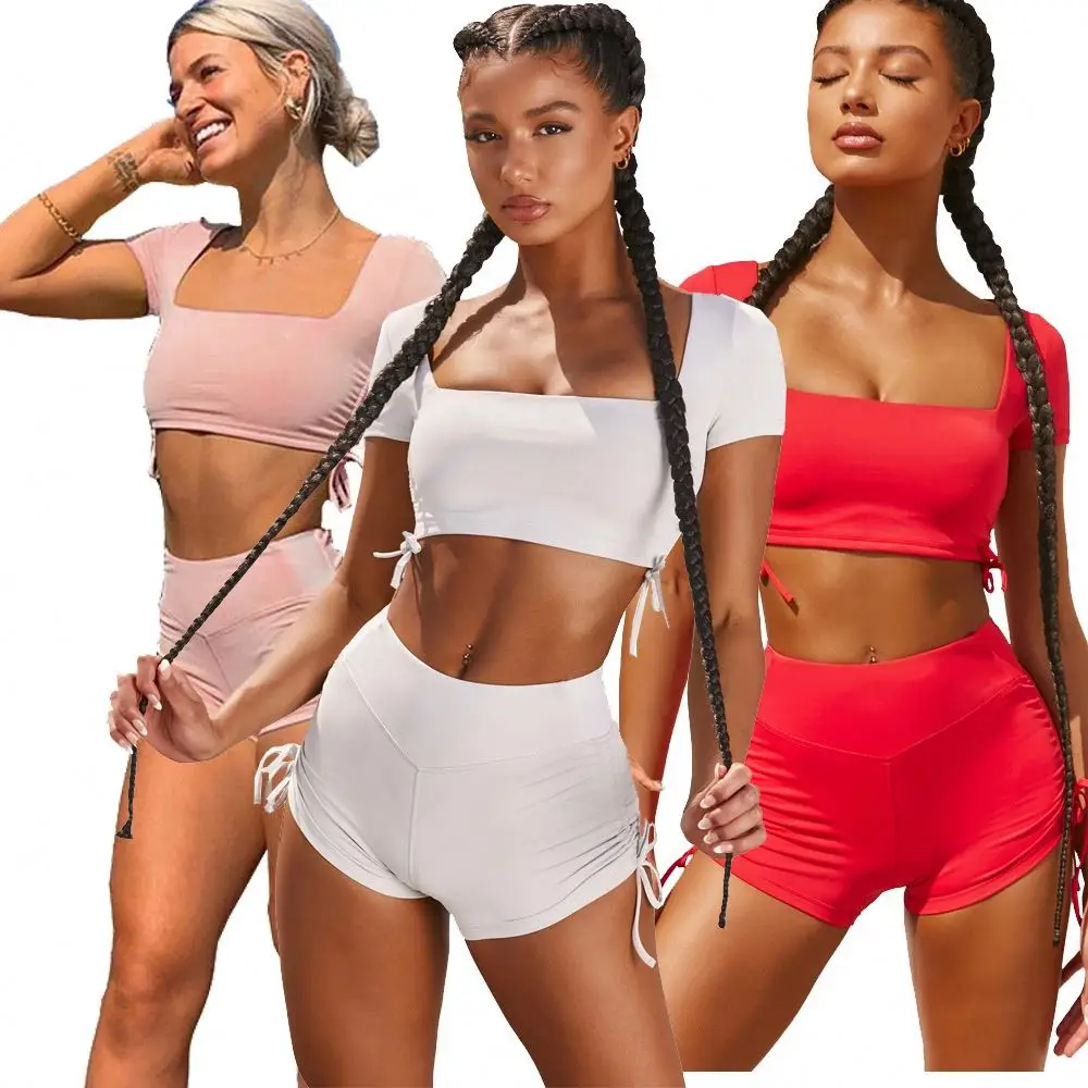 

2020 New Summer Sexy Explosion Elastic Two-piece Yoga custom 2 piece set shorts