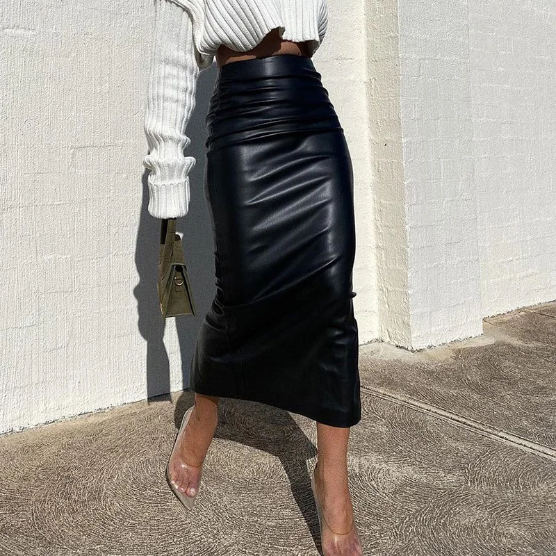 

Wholesale high quality solid color black pleated leather skirt sexy split long midi skirts for women