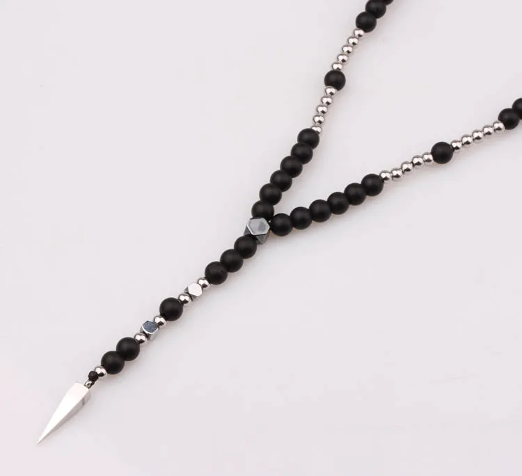 

Stainless Steel Pendant Matte Black And Hematite Beaded Men And Women Long Necklace