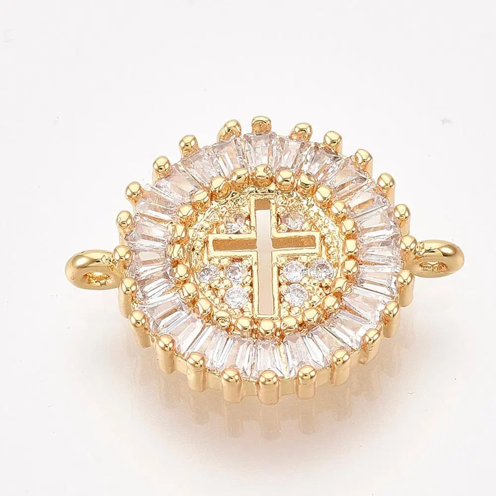 

Pandahall Flat Round with Cross Golden Brass Clear Cubic Zircon Links