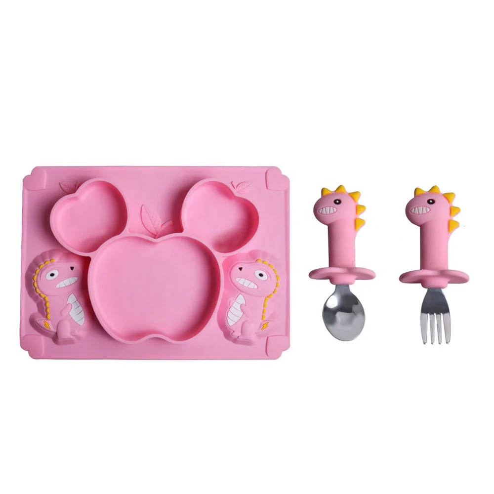 

Food Grade Silicone BPA Free Toddler Feeding Tableware Food Grade Silicone Suction Plates With Steel Spoon And Fork, Pink green