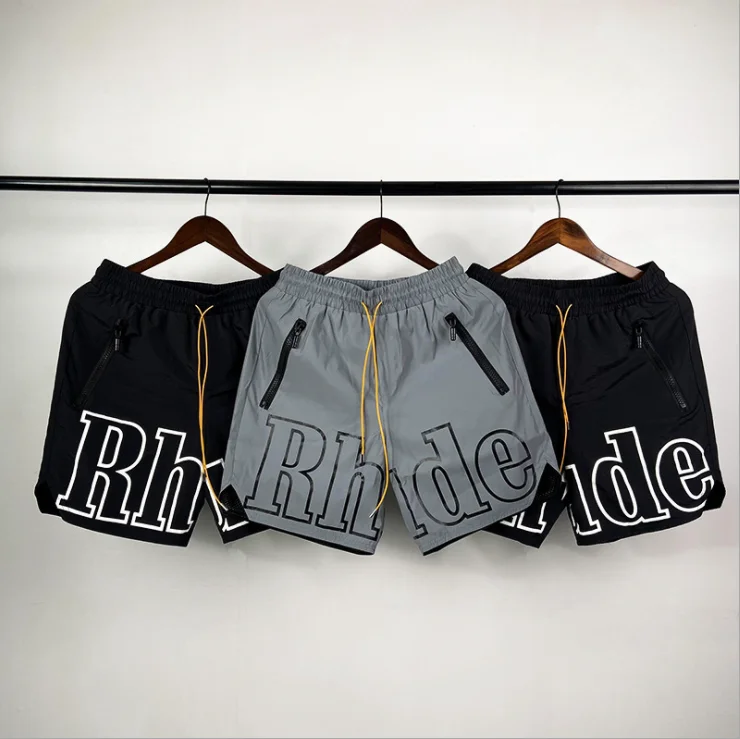 

2021 Summer Rhude Shorts Grey 3M Reflective-Coated Pill Zip Pants Pull Rope Sports Boxing Mens rhude shorts