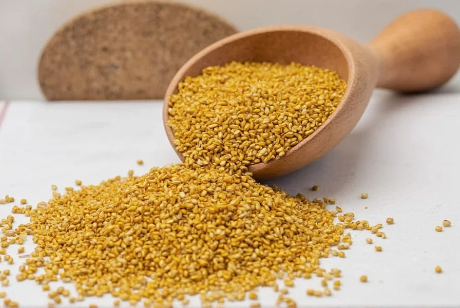 Step-by-step visual of blooming mustard powder in oil to mimic whole mustard seeds