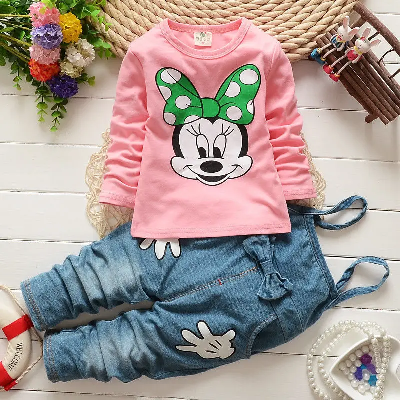 

2021 New 2Pcs Girls Baby Boy Clothes Cartoon Long Sleeve Tops T-shirt Bib Denim Overall Pants Outfits Set Costume 1-5Y