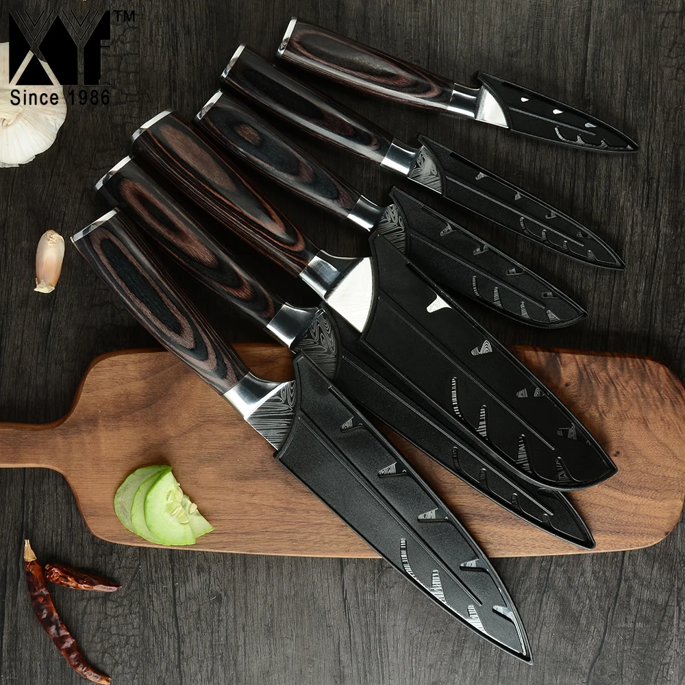 

Yangjiang Fish Bone Super Sharp Wood Handle 7Cr17mov Stainless Steel Damascus Pattern Chef Kitchen Knife Meat Knife Set