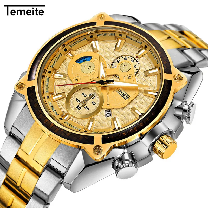 

TEMEITE 504G stylish gold man quartz watch buy Stainless steel band Waterproof Calendar storage business reloj watch