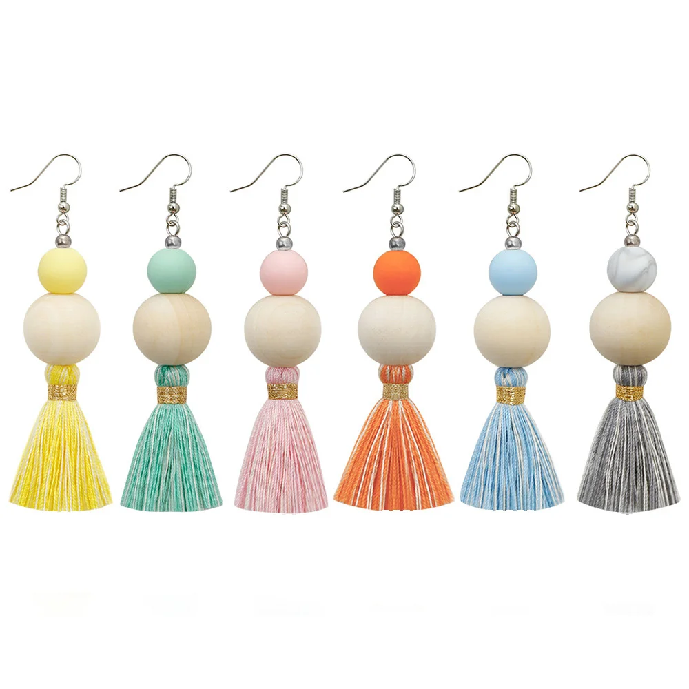 

Bohemia Handmade Vintage Perfume Diffuser Wood Beads Silicone Beads Cotton Tassel Women Earrings