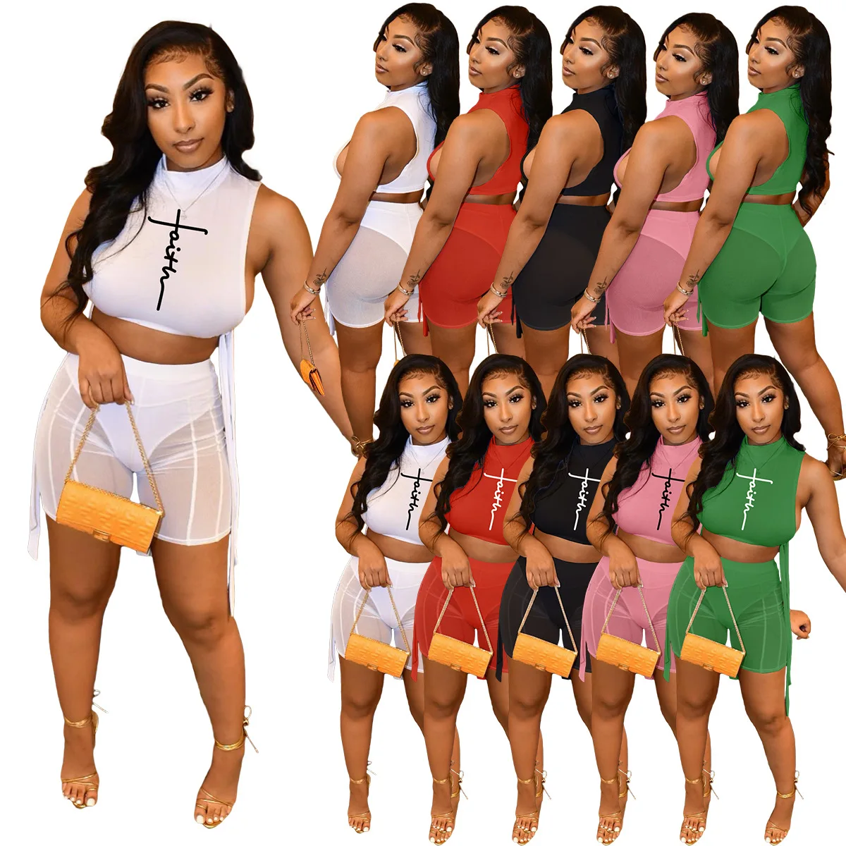 

2022 New Arrival faith letter printing Sexy Two Piece Summer Shorts Sets Mesh Sheer Layer Two Piece Set Women, As picture or customized make