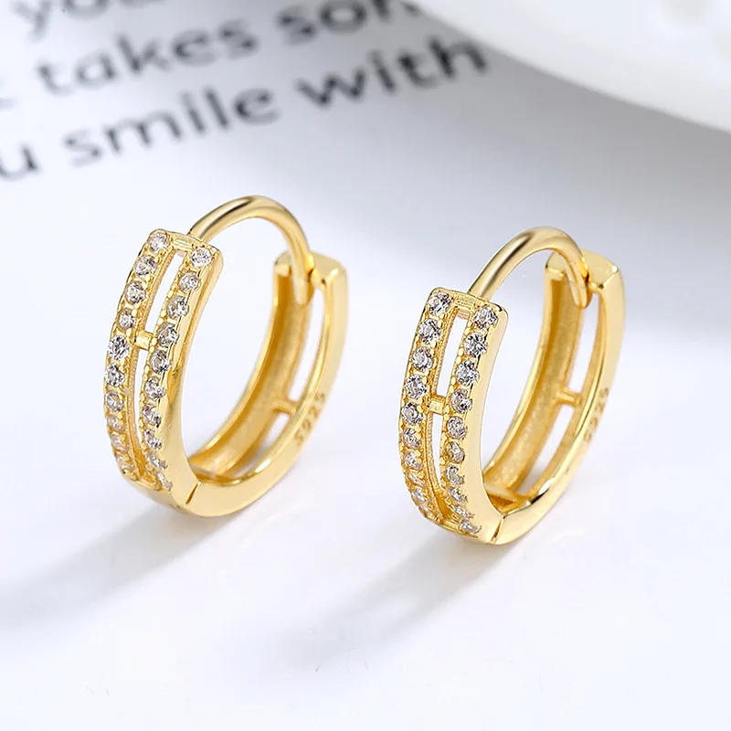 

925 sterling silver earring hollow two double layers row of zircon gold plated hoop earrings for women