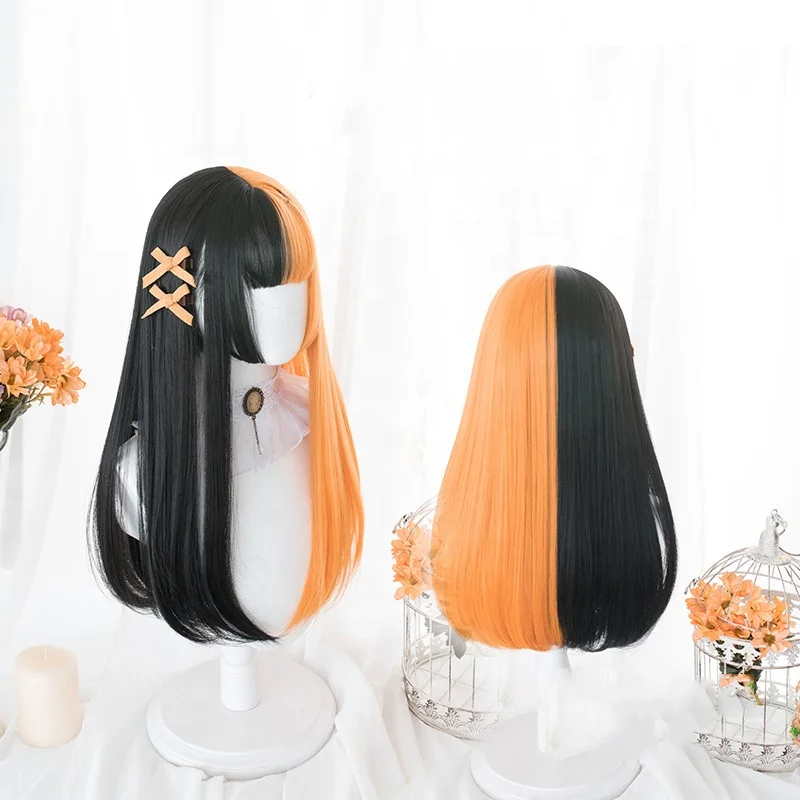 

Wholesale 60cm Long Black Orange Mixed Wig Cosplay Synthetic Anime Hair Peluca Heat Resistant Lolita Wig For Girls
