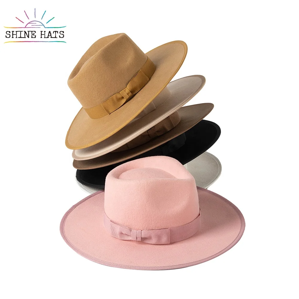 

Shinehats 2022 Wide Flat Brim Church Women Felt Fedora Hat 100% Wool Custom Logo Plain Dyed Solid Color Wholesale with Hat Band