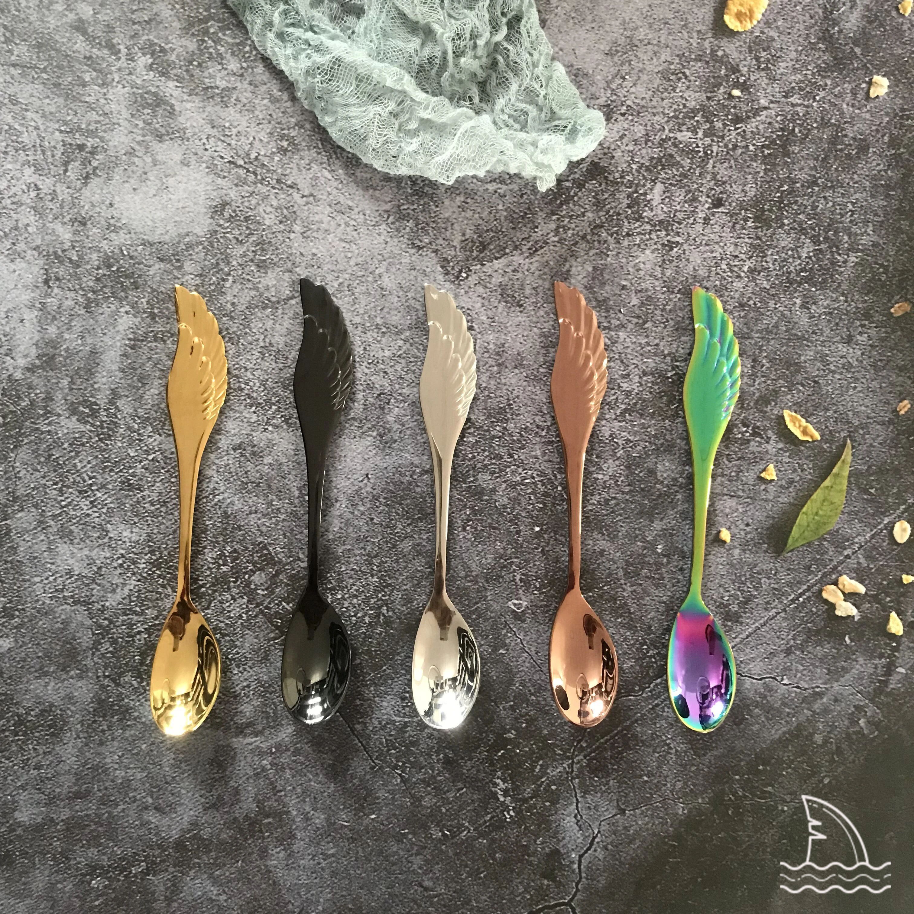 

WING Spoon Creative Funny Mini Stainless Steel Coffee Spoon Dessert Fork Ice Cream Spoon, Silver/gold/rose gold/black/rainbow/blue/purple