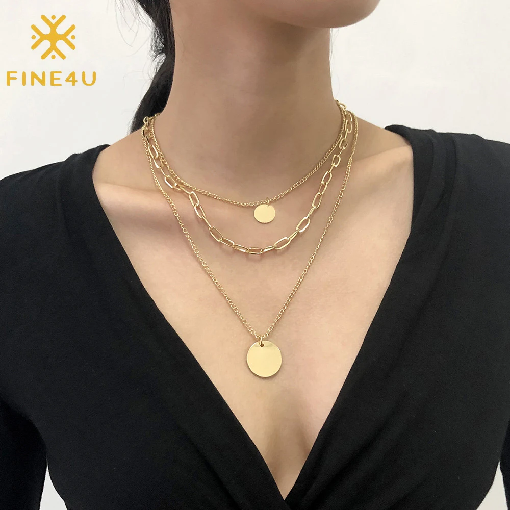 

Custom engraving coin pendant alloy gold plated three layer necklace women acero inoxidable collar