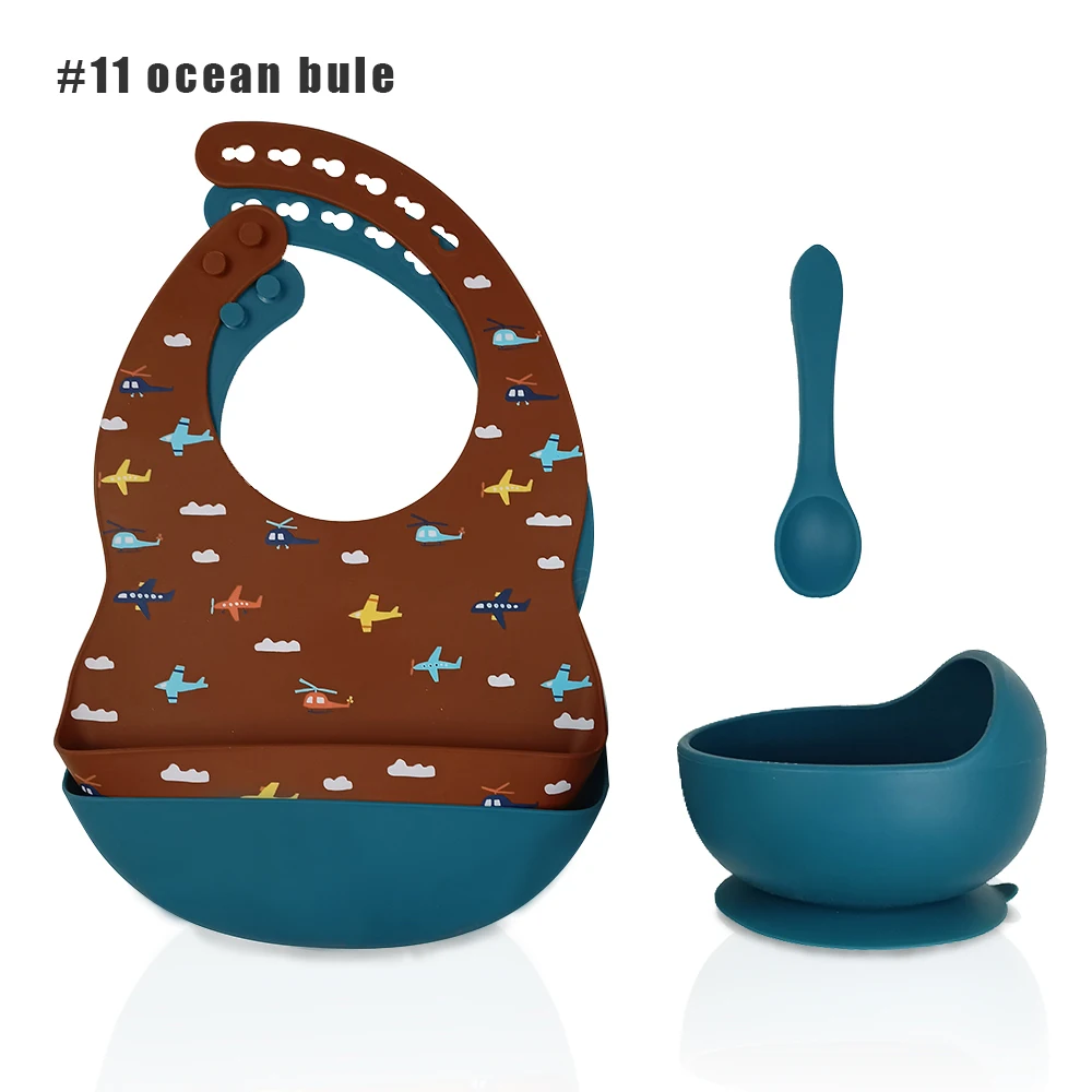 

BPA Free Food Grade Durable Fixed Heat Resistant Pink and Blue Baby Silicone Bib Bowl Spoon Set, Customized color