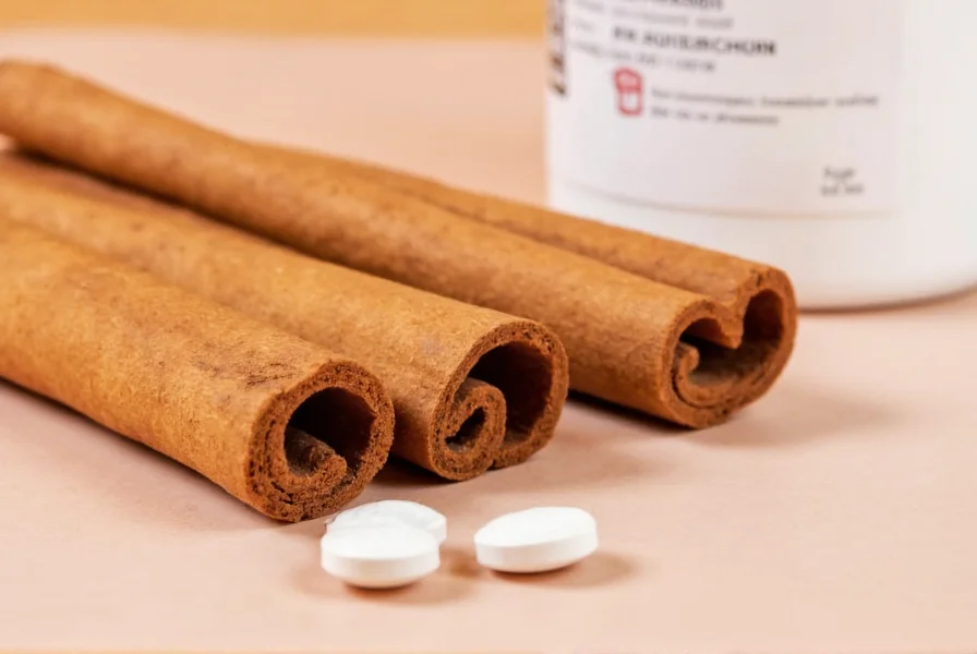 Close-up of cinnamon sticks next to heartburn relief medication with medical icons