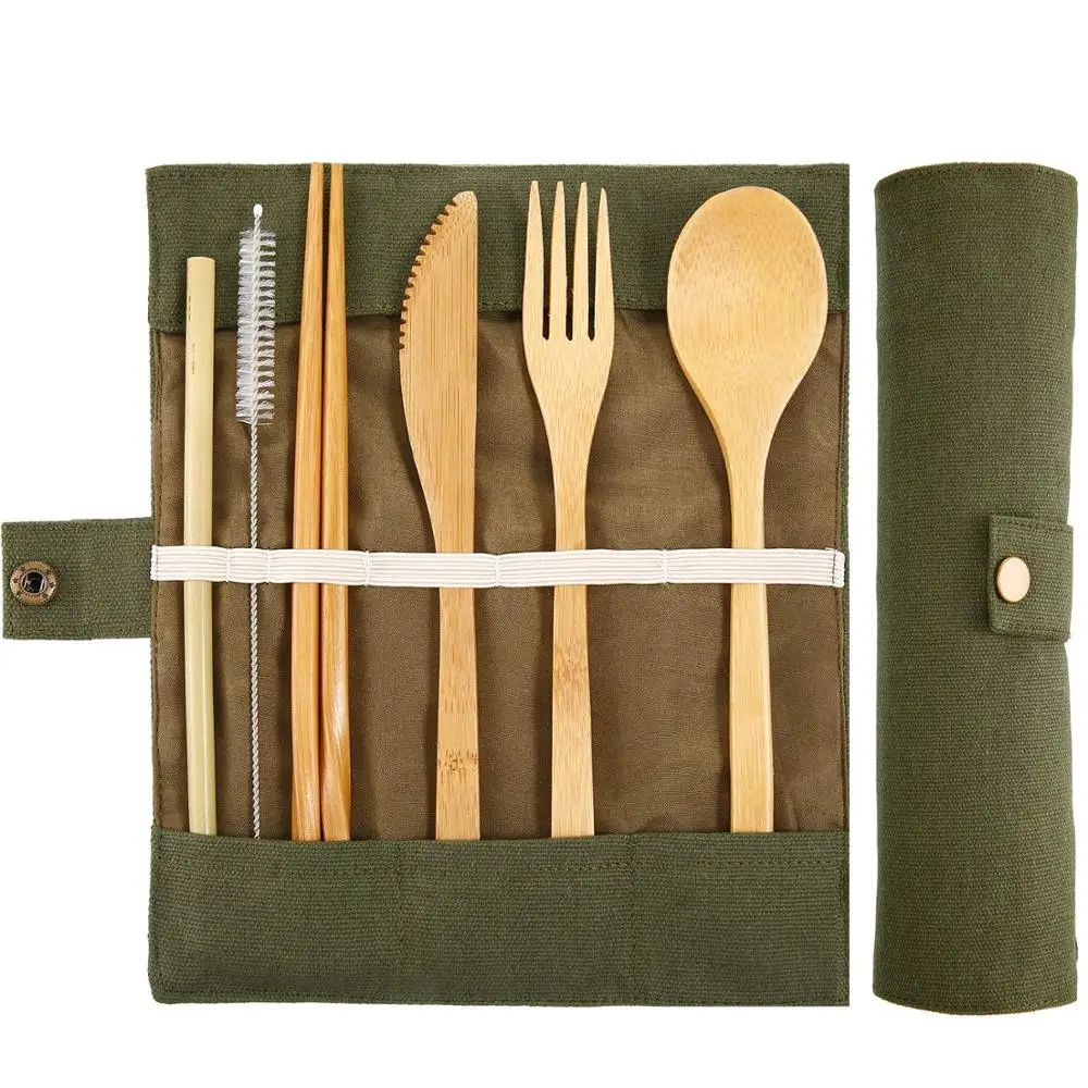 

Eco-friendly Food Grade Simple Design Portable Travel Reusable 7pcs Bamboo Flatware Cutlery Set With Toothbrush, White, dark green or according to your request .