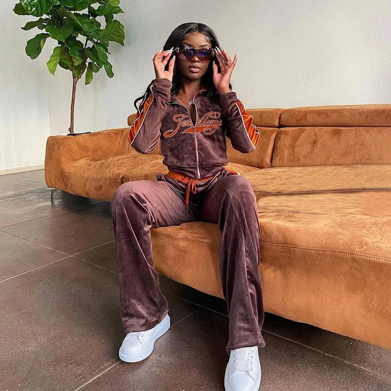 

2021 Fall Winter Contrast Color Stitching Letter Embroidered Jacke Casual Pants Set Women Tracksuit Velvet Woman Sweatsuit Ven