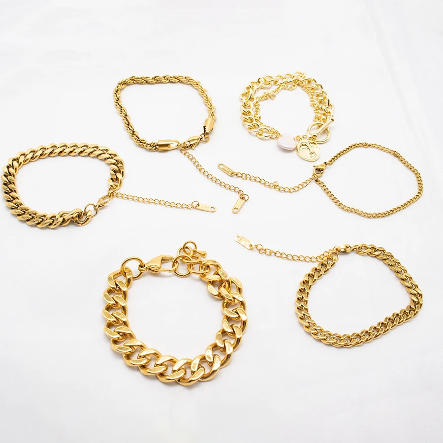 

3mm 6mm 8mm 12mm Cuban Chain Bracelet Punk Jewelry For Men Women 18k Gold Plated Stainless Chain pearl Bracelet