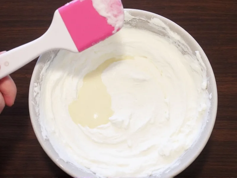 Spatula folding vanilla mixture into whipped cream in ceramic bowl