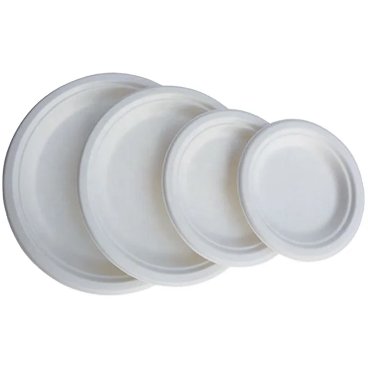 

Eco Friendly Disposable Degradable Sugarcane Bagasse products 6'' Round Paper Plate Biodegradable, White and beige